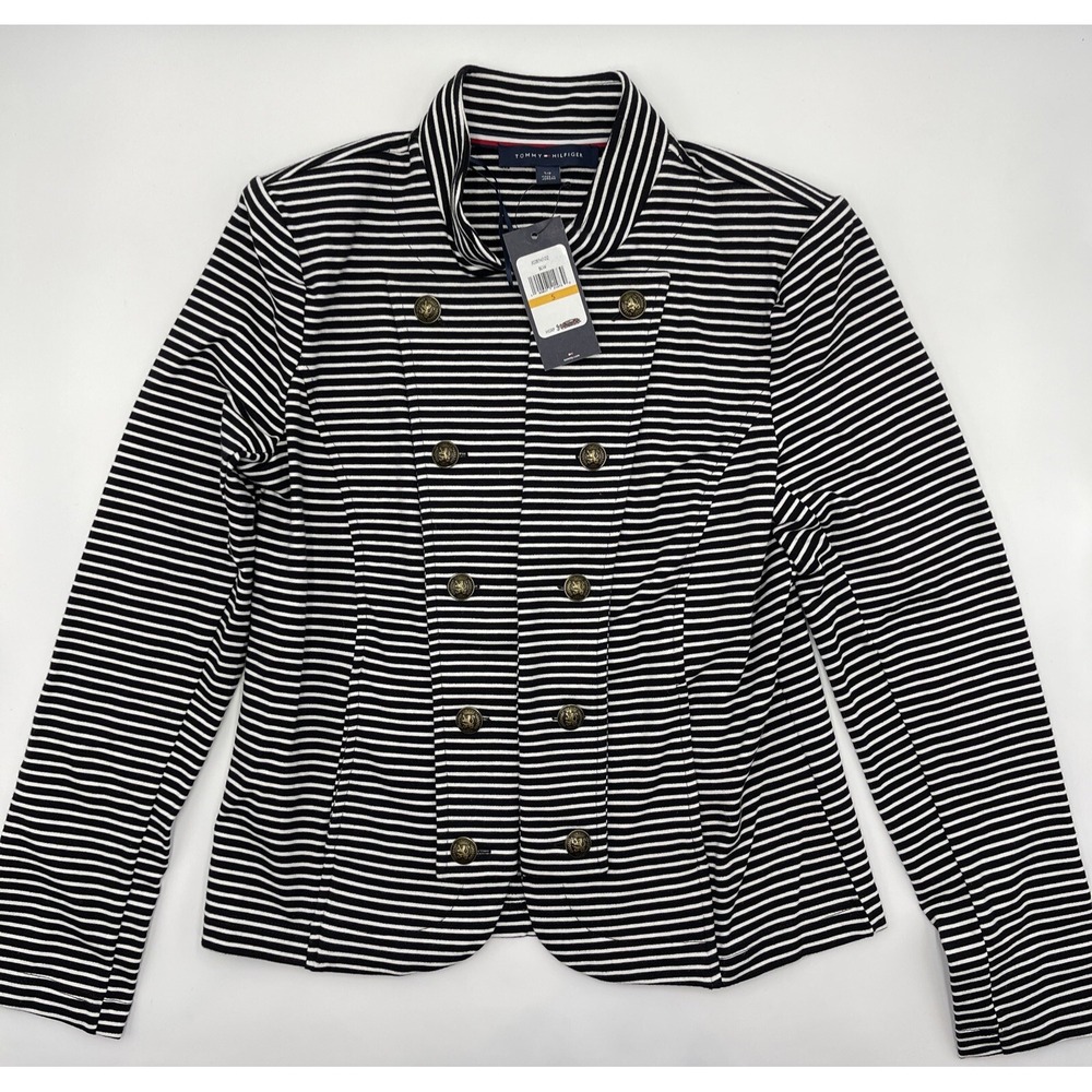 Tommy Hilfiger Women's Military Band Jacket Small Black & White Stripe Blazer
